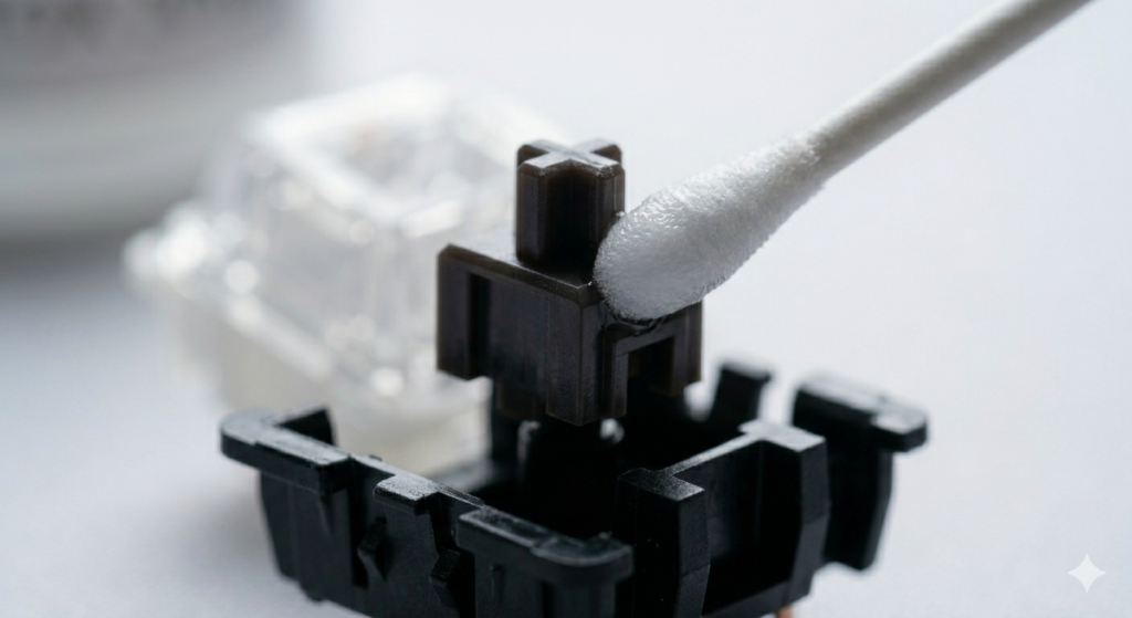 A macro close-upfocused precisely on an ESD-safe cleaning swab, similar to image_1.png, as it touches the side profile of a dark linear mechanical switch stem, matching image_8.png and image_0.png. The tip is wet with translucent 99% Isopropyl Alcohol.