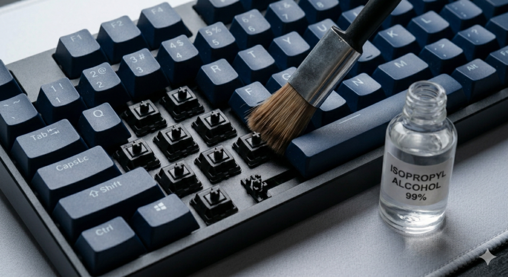 A high-definition macro photograph focusing sharply on a partially disassembled modern mechanical keyboard, similar to image_6.png. Dark blue PBT keycaps are removed, exposing linear switches. An ESD-safe brush, identical to the one in image_0.png, sweeps the area on a grey mat, with a blurred bottle of 99% Isopropyl Alcohol in the background