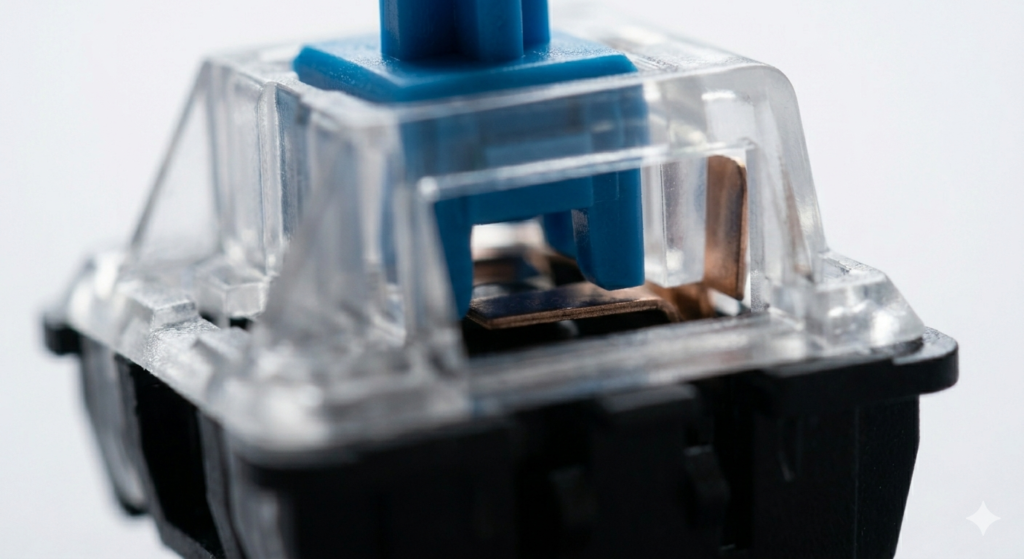 A macro side-profile view focused critically on a black linear switch stem halfway compressed, as a metal caliper, matching image_1.png, gently touches the housing, demonstrating the precise measurement of travel distance