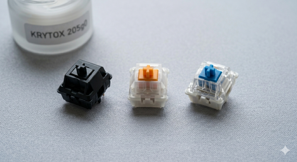 An overhead flat-lay photograph showing three different mechanical keyboard switches: a smooth linear (black), a translucent tactile (orange stem, matching image_2.png), and a classic blue clicky, resting on a clean grey mat