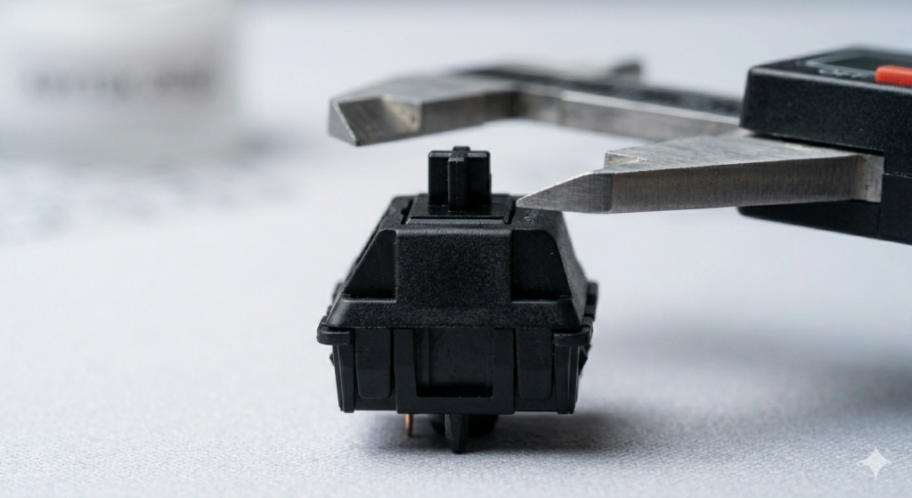 An extreme macro low-angle close-up focused precisely on the blue click jacket mechanism inside a transparent mechanical switch, showing the moment it makes contact with the metallic leaf, creating the click sound