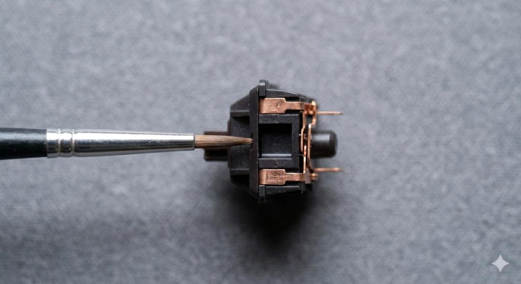 A high-definition macro photograph focusing on the front view of a custom 65% mechanical keyboard (white case, dark blue keycaps). A hand holding precision tweezers is aligning a Shift key modified with minimal black top-print sans-serif legends