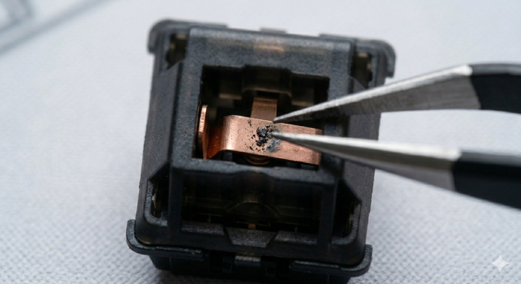 An extreme macro top-down close-up focused precisely on the mechanical copper leaf inside a dark linear switch