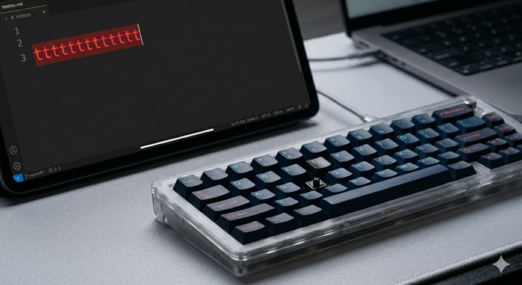 A macro photograph focusing on a custom mechanical keyboard, connected via USB-C to a laptop which is softly blurred