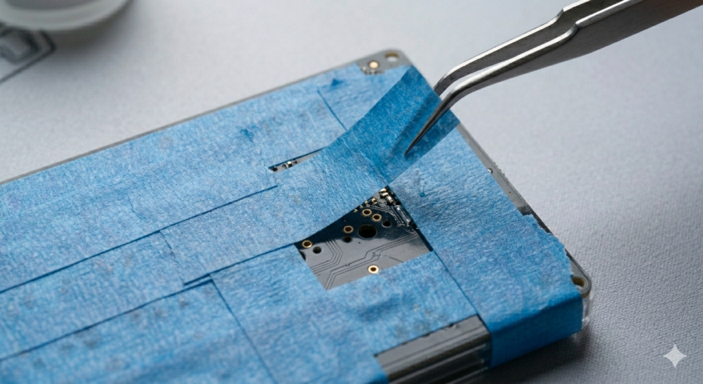 An overhead flat-lay photograph showing precision metal tweezers carefully applying a single, wide strip of textured,