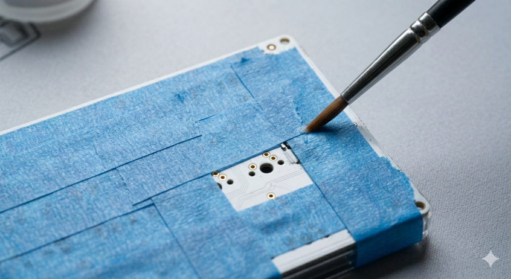 A high-definition macro photograph focusing on the back of a keyboard assembly, where the white PCB is completely covered in precisely cut strips of textured