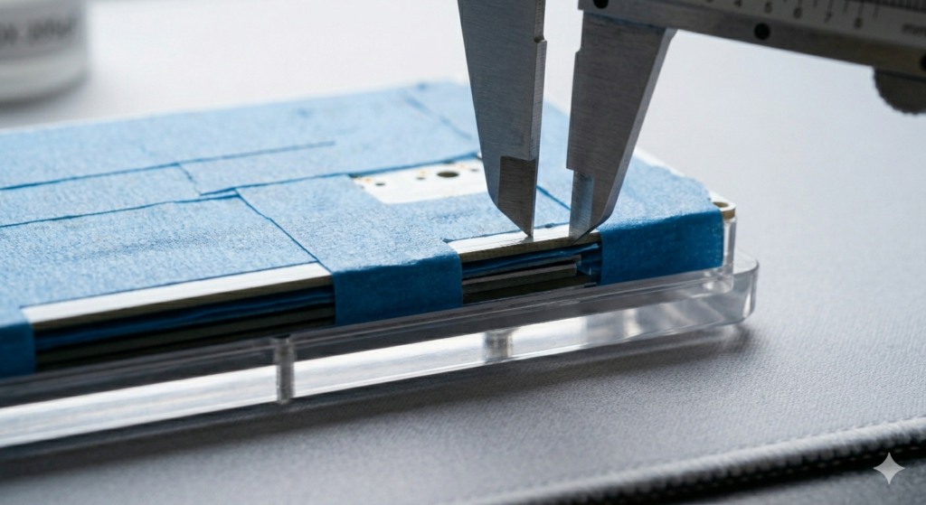 A macro side-profile photograph focused critically on the intricate structure of a custom mechanical keyboard