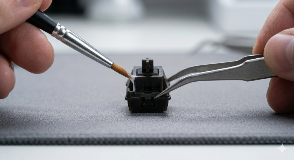 A high-definition macro photograph focusing on the surgical application of white grease to the vertical slide rail of a dark mechanical keyboard switch stem. A fine lubricating brush applies the lubricant with precision under focused clinical lighting.