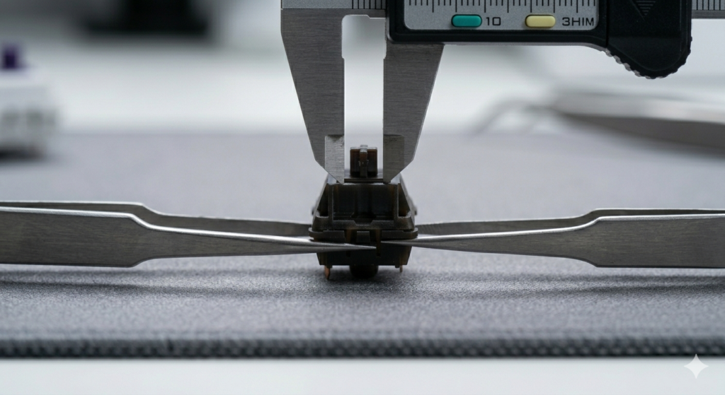 An extreme macro close-up side-profile photograph focused on a digital caliper accurately measuring the stem pole length of a single dark mechanical keyboard switch stem. High-precision metal tweezers hold the component over a textured mat.