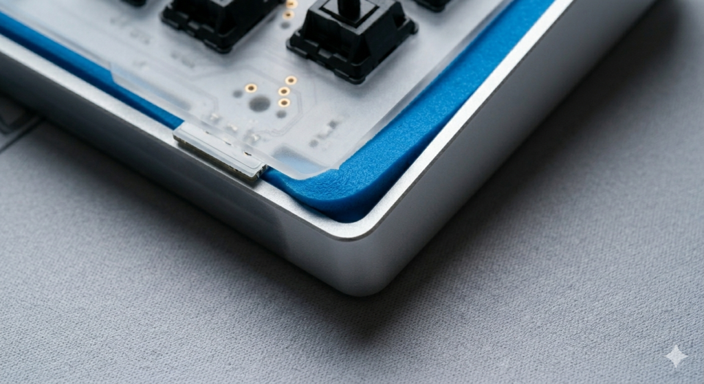 A high-definition macro photograph focusing on the corner of a partially disassembled custom mechanical keyboard. A thick, flexible, bright blue Poron foam gasket strip is physically compressed between the frosted polycarbonate plate and the silver aluminum keyboard case