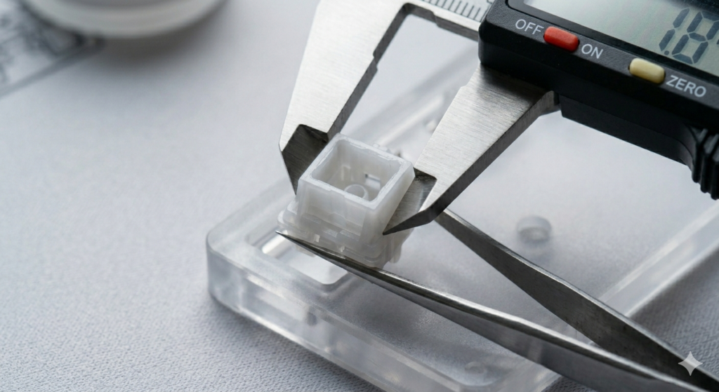 An extreme macro close-up focused precisely on a digital caliper as it gently touches the outer rim of a frosted polycarbonate switch housing.