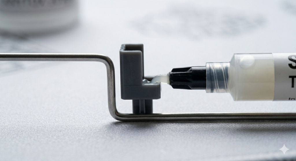 An extreme macro low-angle side-profile view focused on the 90-degree bend of a polished steel stabilizer wire