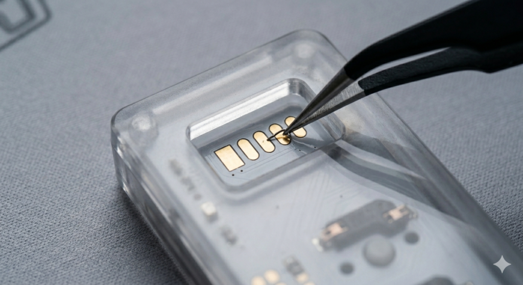 An extreme macro, close-up photograph focusing on the golden bootloader pads on a keyboard PCB