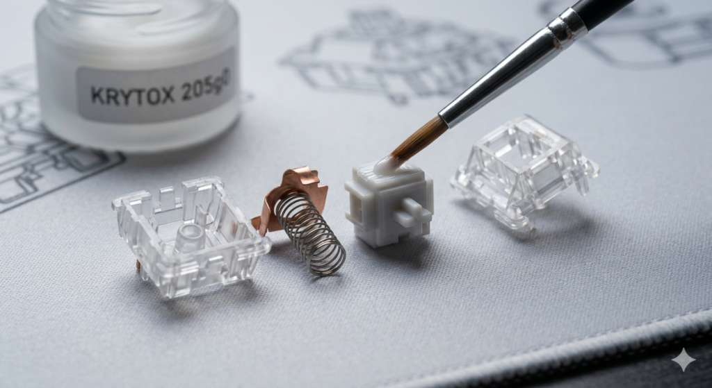 A close-up view of disassembled mechanical switch components being lubricated with a brush and Krytox 205g0, set on a professional desk mat