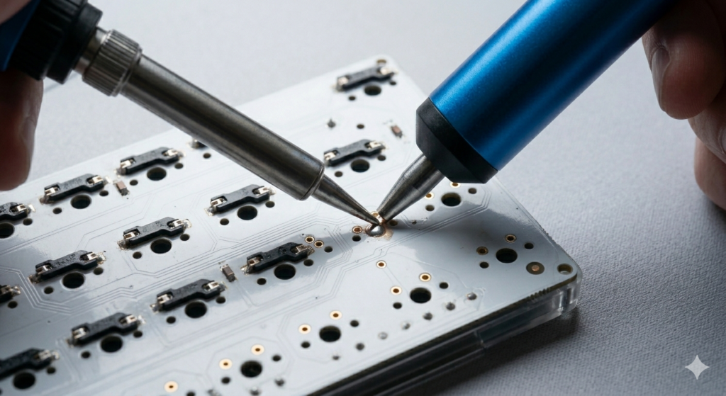A high-definition macro photograph focusing on the underside of a keyboard PCB assembly. Localized heat from a slender soldering iron tip melts a circular solder joint.