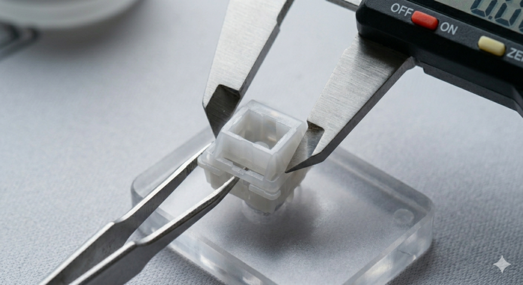 An extreme macro close-up focused precisely on a digital caliper as it gently touches the outer rim of a frosted polycarbonate switch housing.