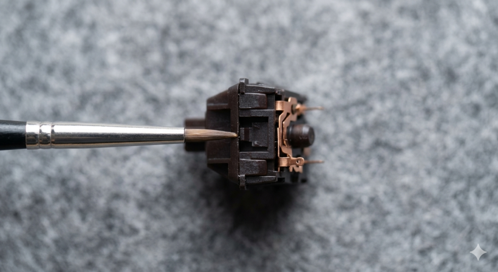 An extreme top-down macro view focused on a singular fine size 00 lubricating brush identical to the one in image_0.png, gently touching the vertical side rail of a dark POM mechanical keyboard switch stem on a grey textured mat bokeh