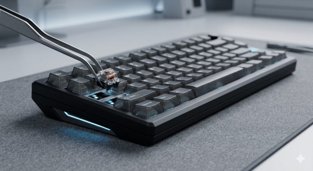 A high-definition macro photograph focusing on the prototype assembly of a futuristic mechanical keyboard with a matte black geometric aluminum case and integrated holographic blue accent lighting. Dark translucent smoked grey PBT keycaps allow a glimpse of the internal structures