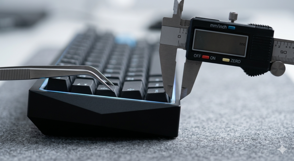 An extreme macro close-up side-profile photograph focused on a precise digital caliper gently touching the outer rim of a futuristic custom mechanical keyboard prototype featuring a matte black geometric aluminum case with integrated holographic blue accent lighting.