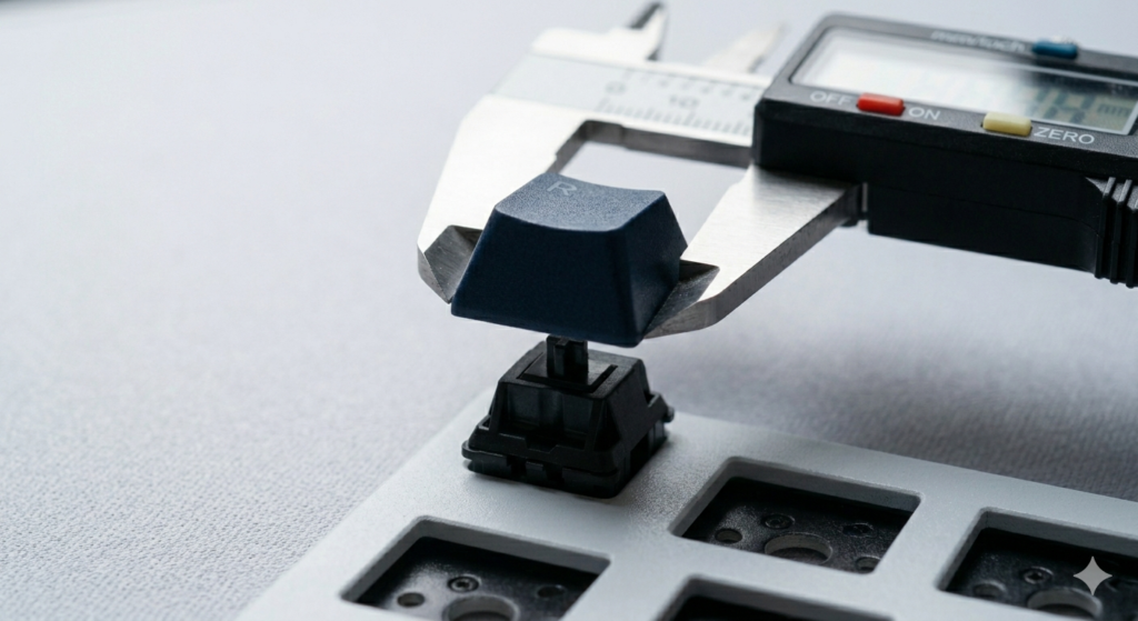 An extreme macro low-angle view focused on a single dark linear mechanical switch stem halfway compressed, with a high-precision caliper (matching image_1.png) gently touching the top of a heavy, dark blue PBT keycap