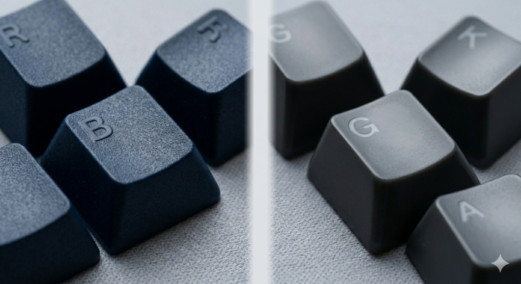 A high-definition macro split-screen photograph. The left side tightly focuses on textured, matte dark blue PBT keycaps (matching image_6.png), showing a fine-grained texture. The right side features smooth, semi-glossy dark grey ABS keycaps