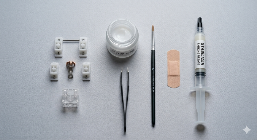 An overhead shot of specialized tools for stabilizer modding, including a syringe of thick grease, a Band-Aid, high-precision tweezers, and a small brush with Krytox 205g0 lubricant, on a clean grey mat