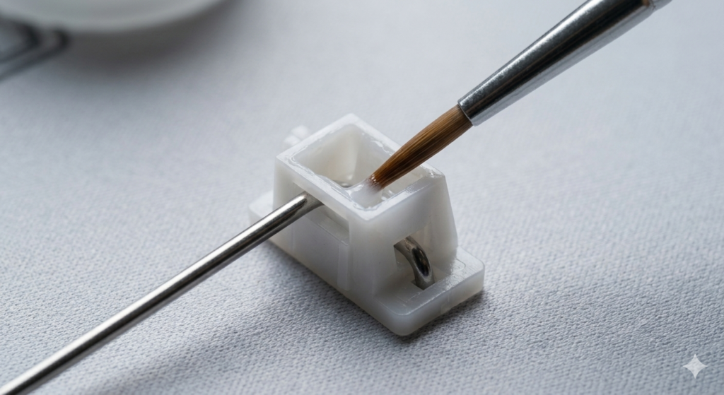 A macro close-up photograph showing a fine brush applying Krytox GPL 205g0 lubricant to the spacebar stabilizer well where the wire enters, demonstrating the exact technique to fix rattle. The lighting is clean and clinical