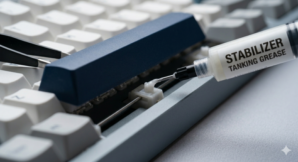 A macro low-angle view showing a medical syringe with thick tanking grease injecting lubricant into an assembled dark blue spacebar stabilizer, while other surrounding keycaps remain blurred