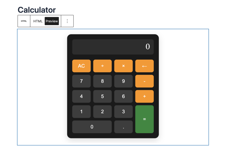 A close up preview of the finished, modern calculator running live on a responsive WordPress website layout without using a plugin.