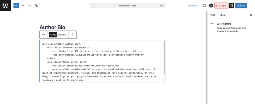 A screenshot showing how to paste the WordPress author bio code snippet into a custom HTML block in the editor