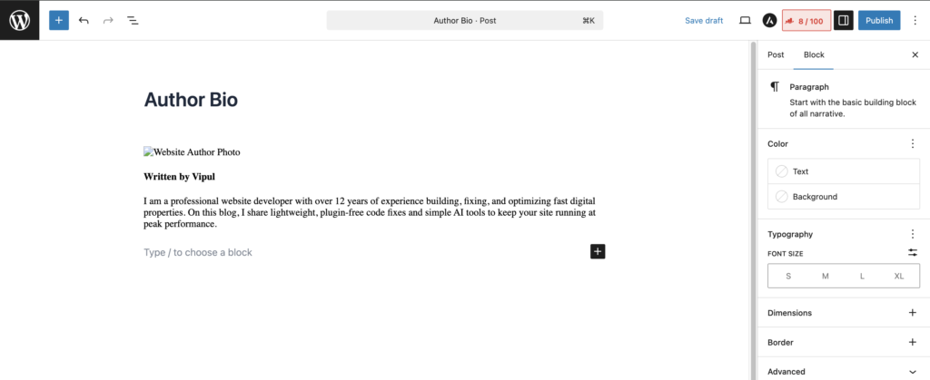 A screenshot showing how to paste the WordPress author bio code snippet into a custom HTML block in the editor