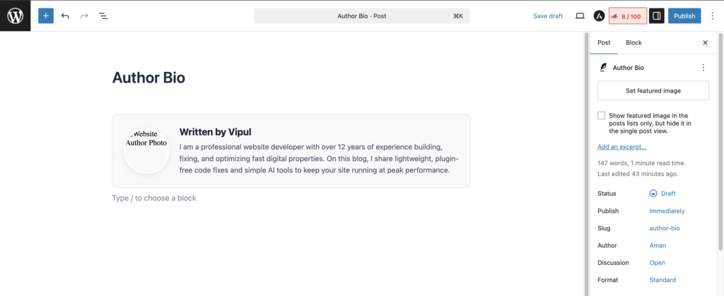 A mobile responsive preview of the clean CSS author widget running live at the bottom of a WordPress post.