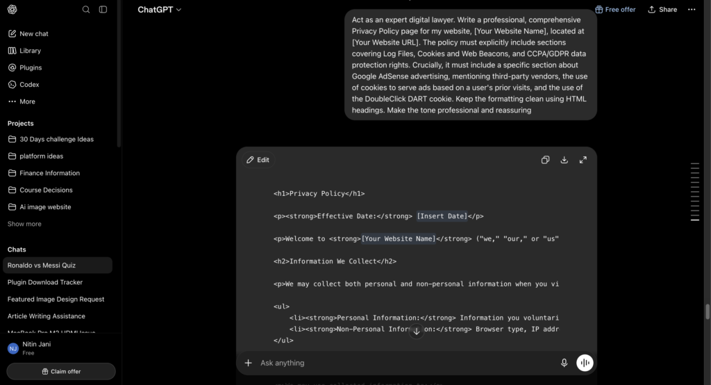 A screenshot of ChatGPT acting as a free AI privacy policy generator for a WordPress blog.