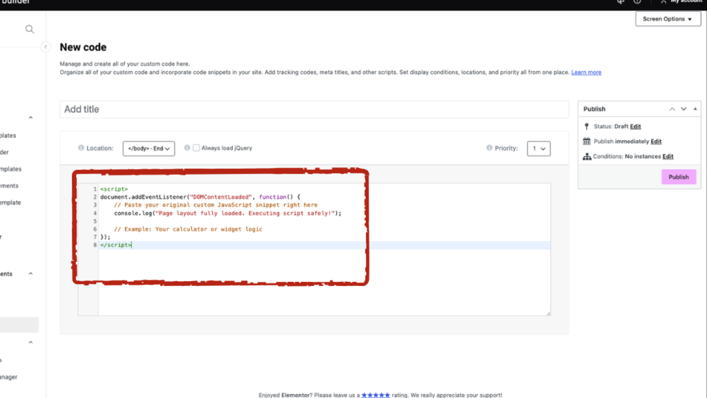 showing pasting of raw script tag and published it
