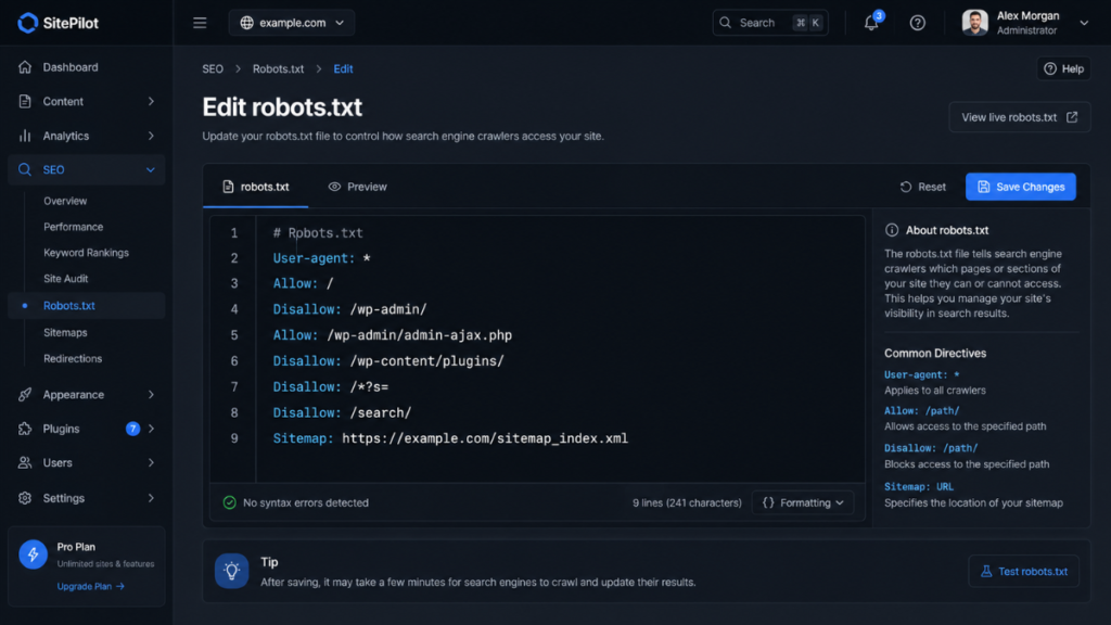 A screenshot displaying how to bypass a free AI robots txt generator by editing rules directly inside the dashboard panel.