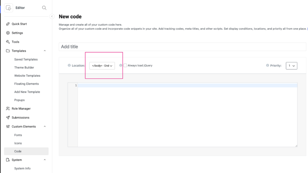 selecting body-end option in elementor custom code setting