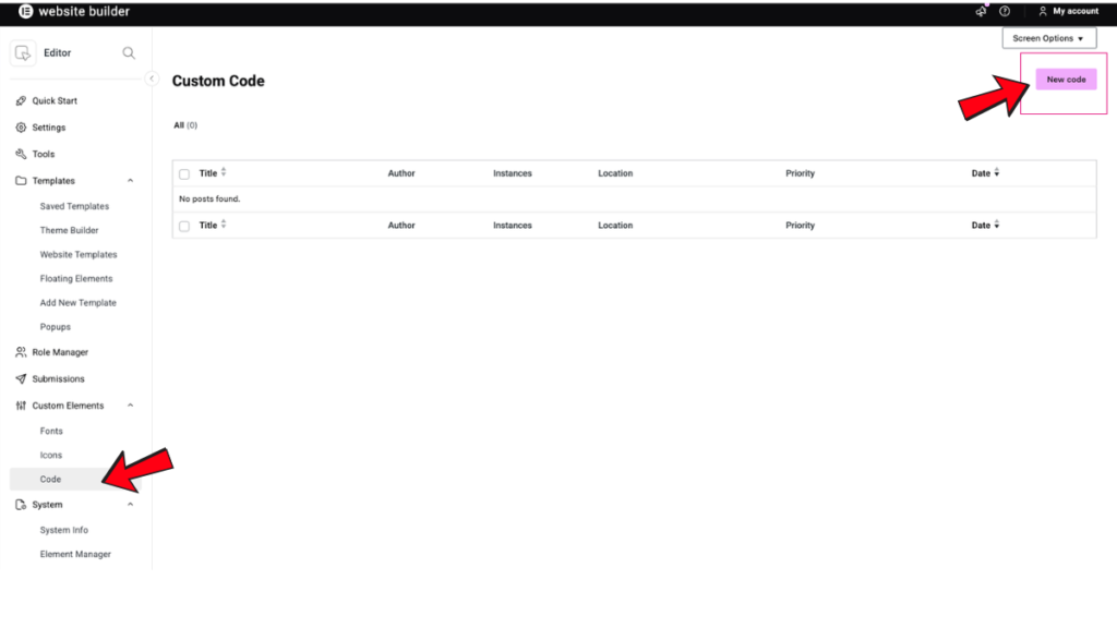 showing elementor custom code setting